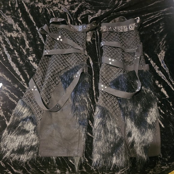 Dolls Kill Pants - Black Faux Fur Grommet Wrap Leg Warmers